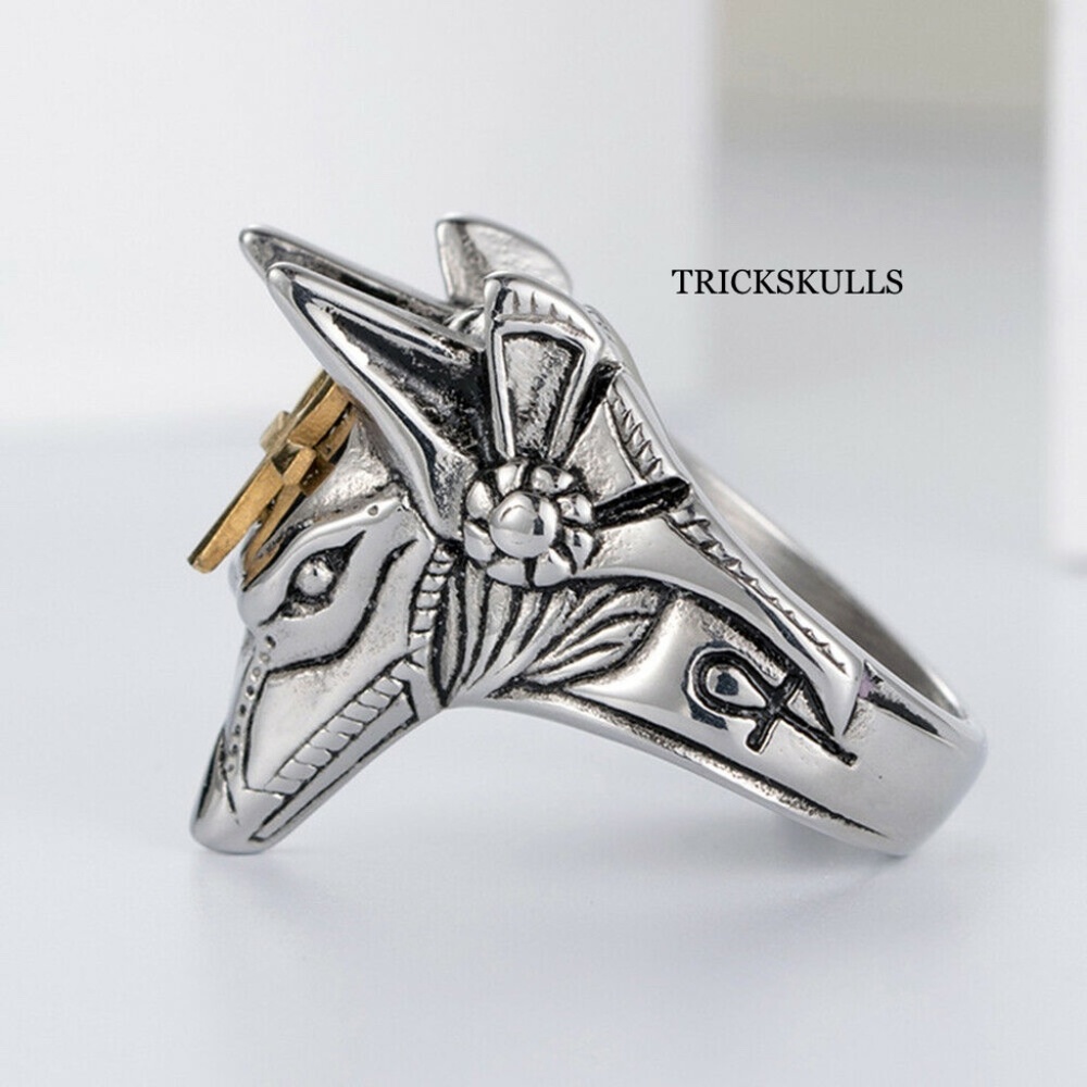 Silver Stainless Tactical Egyptian Ankh Anubis Wolf Jackal God Spikes Ring New! - Picture 3 of 10